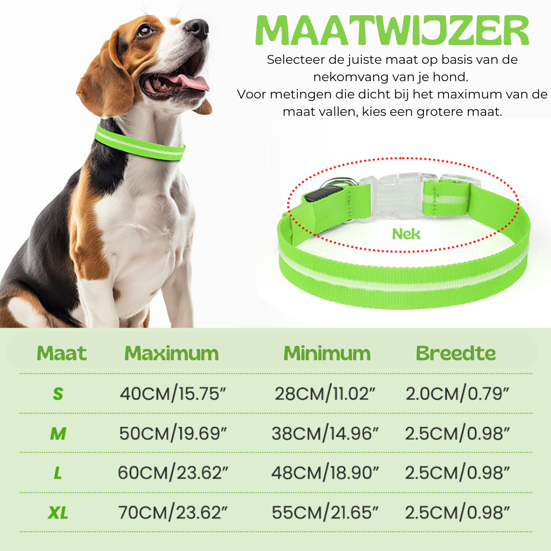 Groene LED halsband maten