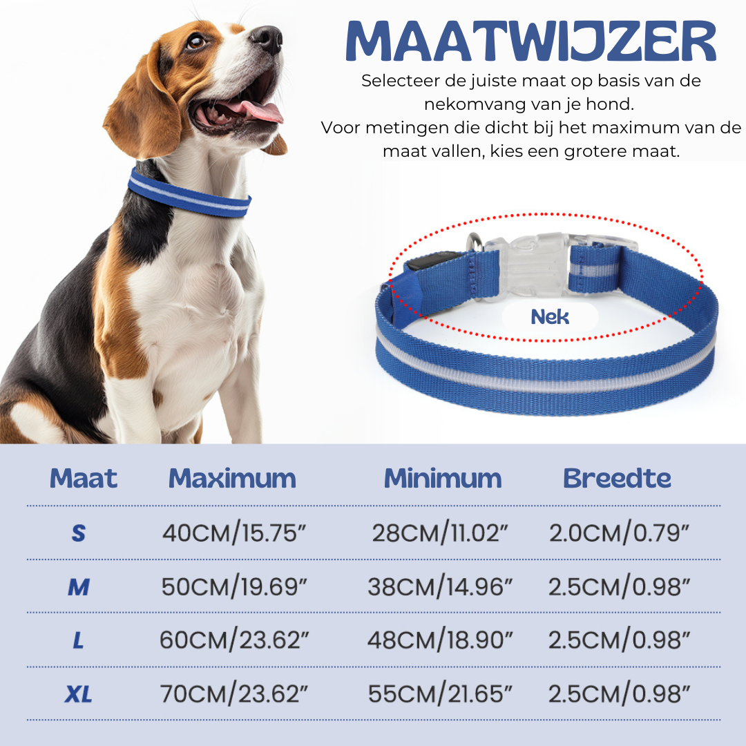 Blauwe LED Halsband maatwijzer