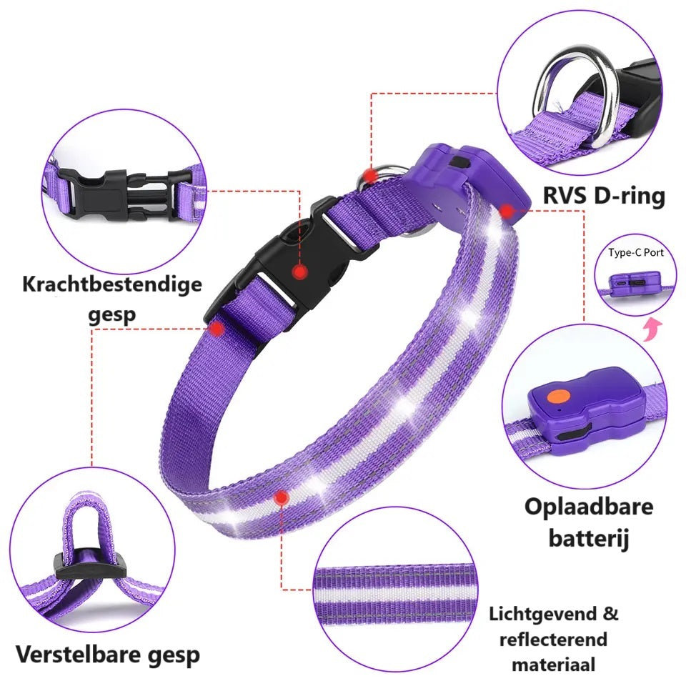 Uitleg lichtgevende paarse halsband